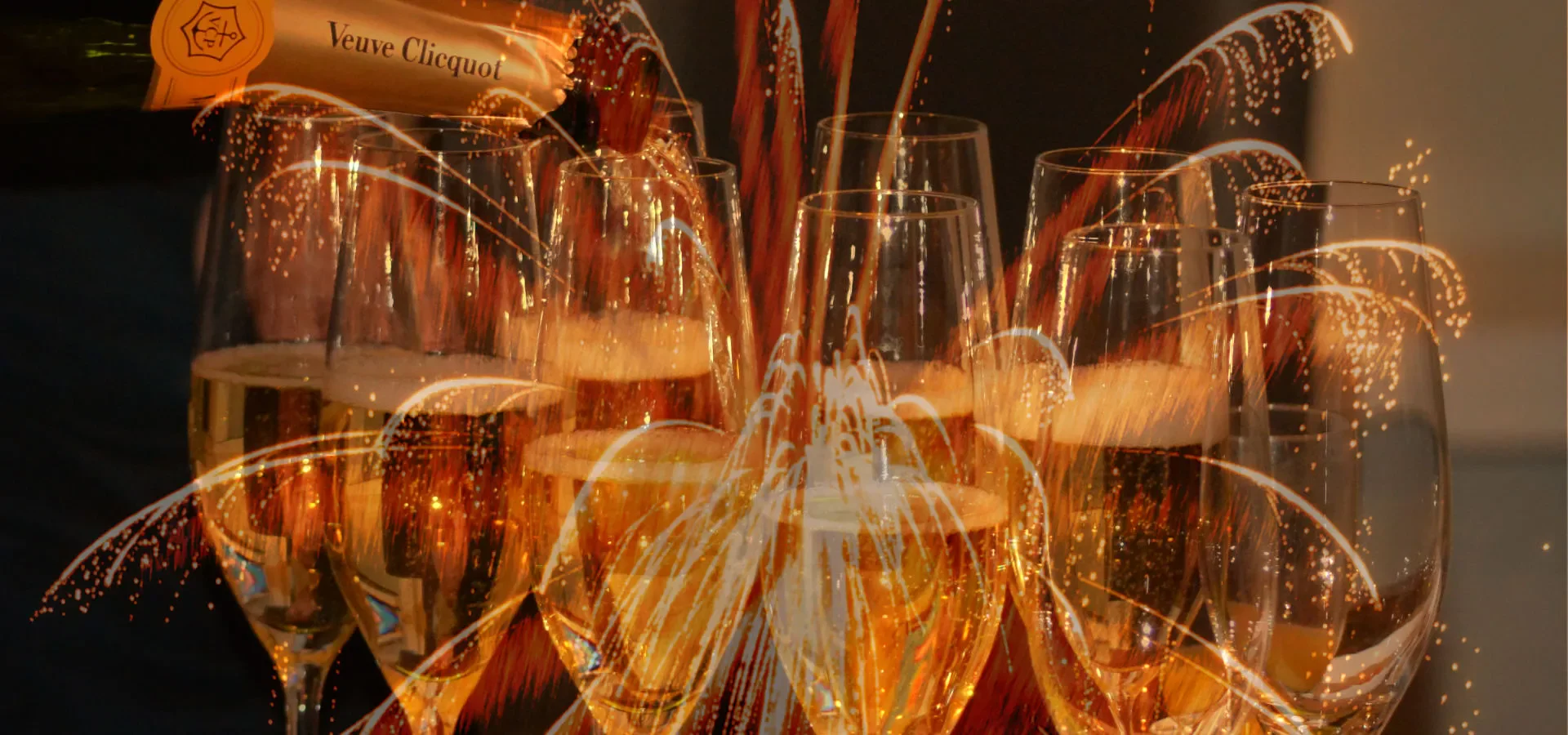 Champagne toast and festive lights on New Year’s Eve
